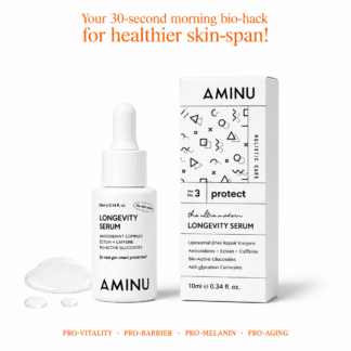AMINU Longevity Serum 10 ML is a professional daytime serum formulated with 16+ precision ingredients to help defend skin against UV micro-stress, pollution, pigmentation and dehydration. Featuring Niacinamide, Potassium Azeloyl Diglycinate, Ectoin, DNA repair technology and postbiotics, it supports brighter, stronger and more resilient skin with daily use.